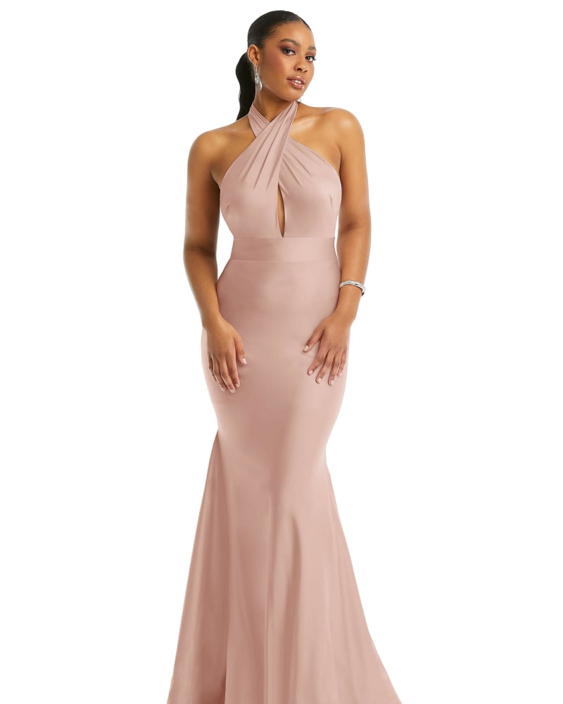 Front of a model wearing a size L Criss Cross Halter Open-Back Stretch Satin Mermaid Dress in Toasted Sugar by Cynthia & Sahar. | dia_product_style_image_id:301287